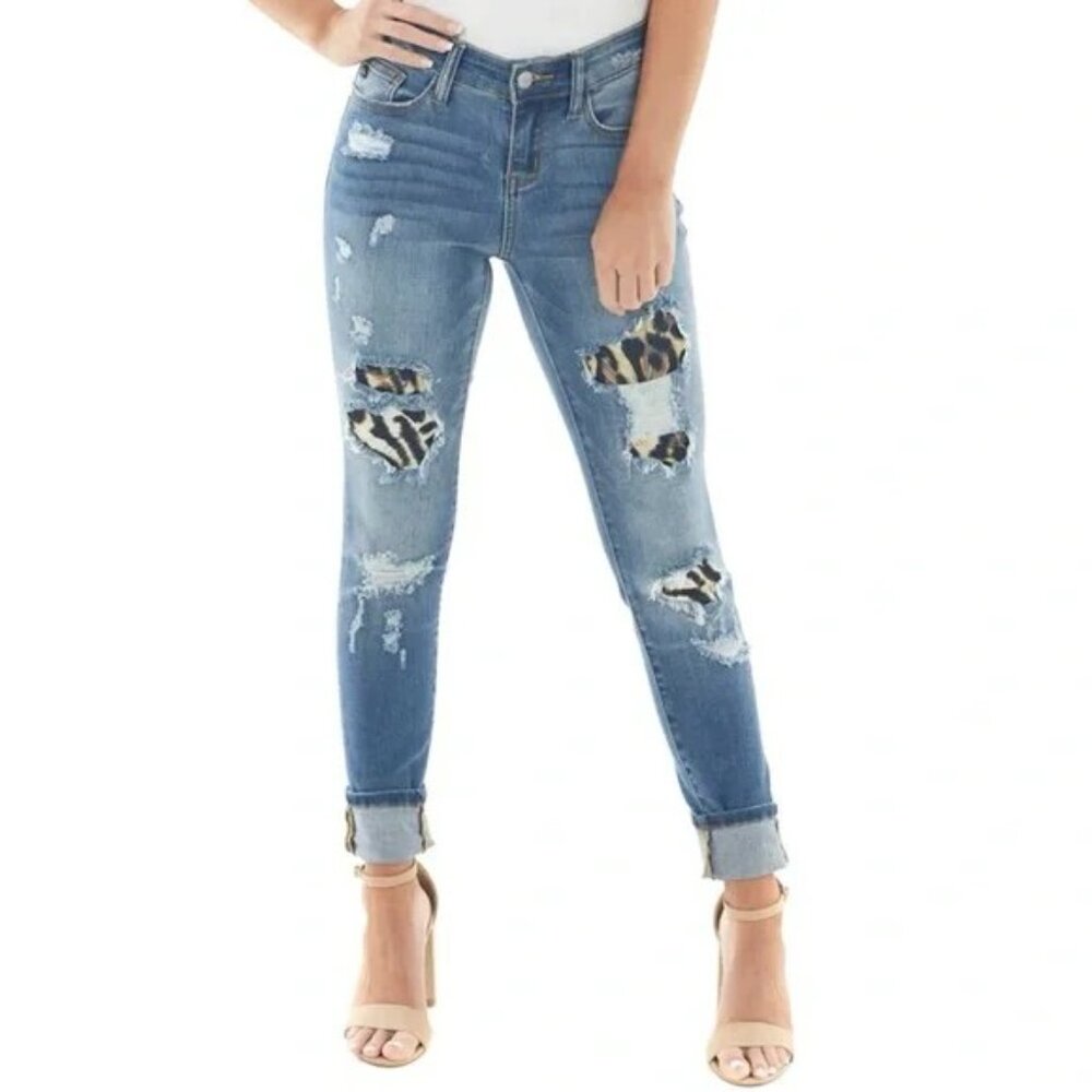 Judy Blue Mid Rise Distressed Leopard Print Skinny‎ Fit Jeans 5/27 Boho